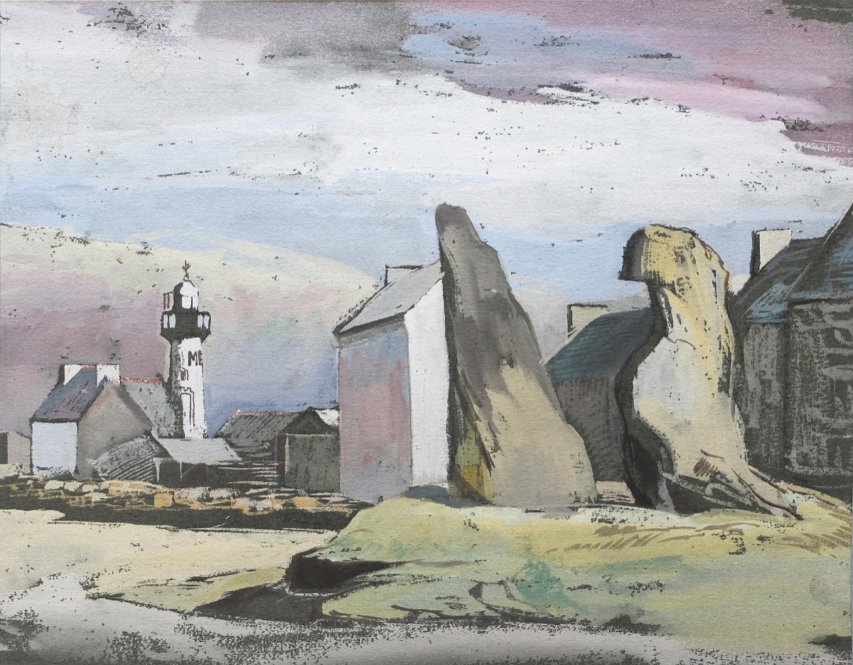 Gouache originale Émile Hugon-d'Auban c.1927 Phare de Men-Brial Île de Sein Finistère