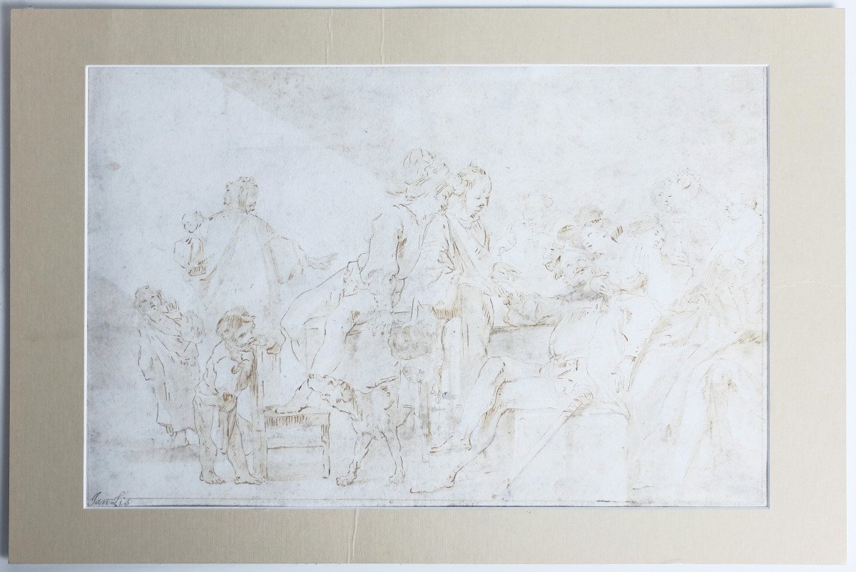 Dessin original XVIIe siècle : Fête galante, attribué à Jan Lis, Johann Liss, peintre baroque-photo-2