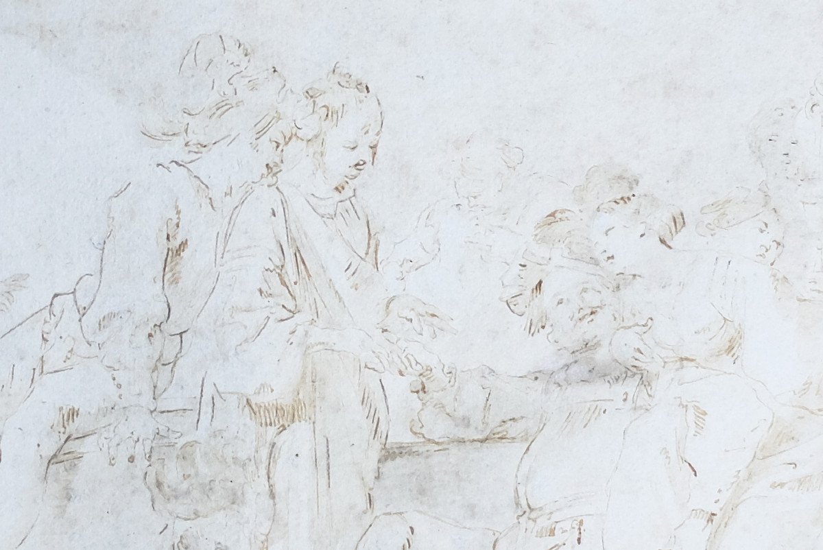 Dessin original XVIIe siècle : Fête galante, attribué à Jan Lis, Johann Liss, peintre baroque-photo-4