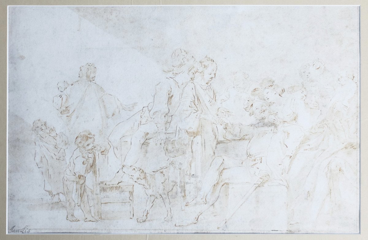 Dessin original XVIIe siècle : Fête galante, attribué à Jan Lis, Johann Liss, peintre baroque