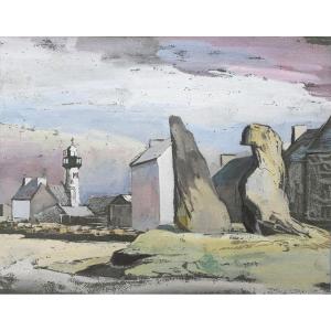 Original Gouache émile Hugon-d'auban C.1927 Men-brial Lighthouse Sein Island Finistère