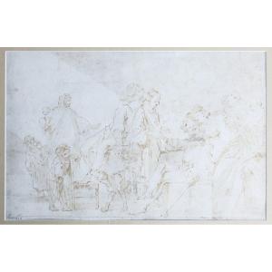 Original Drawing 17th Century: Fête Galante, Attributed To Jan Lis, Johann Liss, Baroque Painter