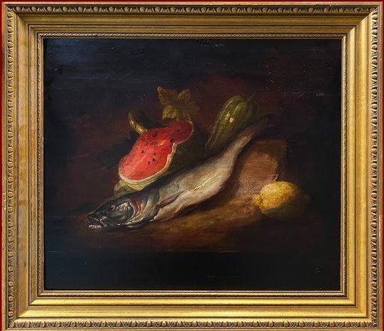 Special Prix!huile Sur Bois 19ème Siècle Nature Morte Avec Pastèque, Merlu Et Citron