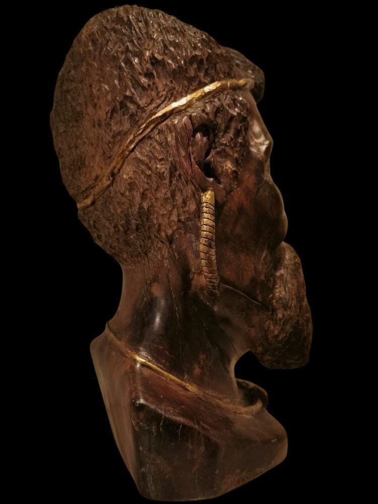 Large 19th Century Wooden Sculpture: African Head With Golden Decor-photo-4