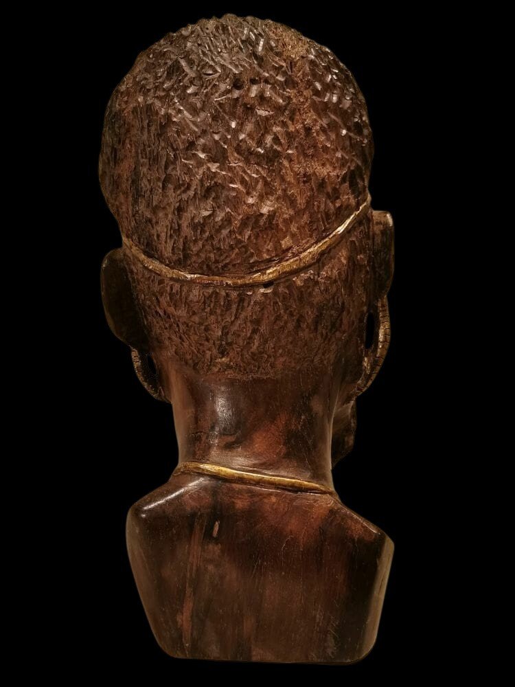 Large 19th Century Wooden Sculpture: African Head With Golden Decor-photo-2