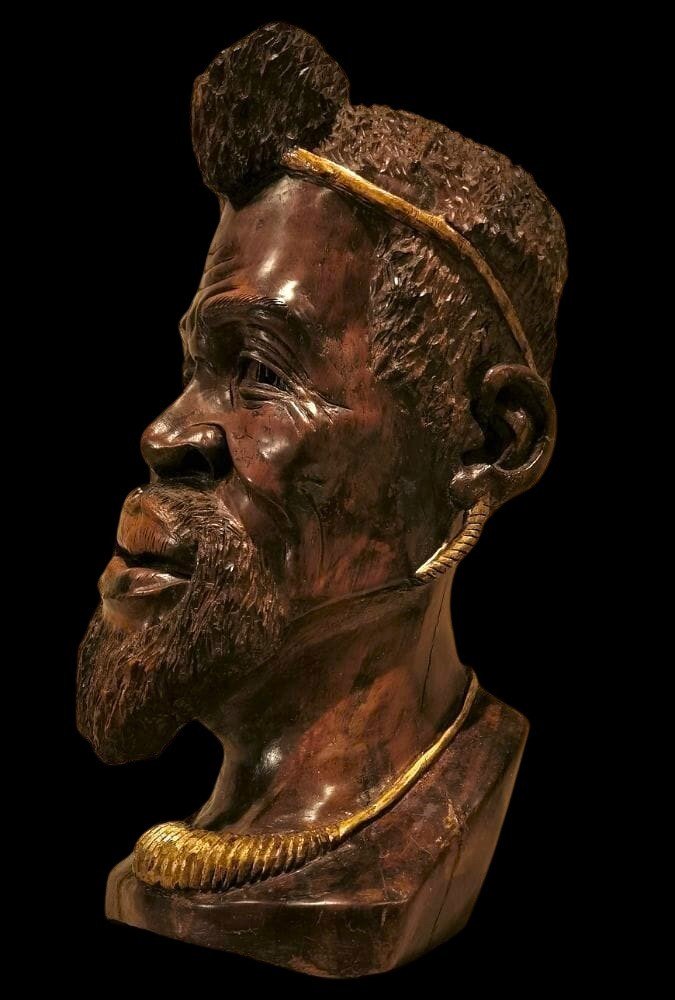 Large 19th Century Wooden Sculpture: African Head With Golden Decor