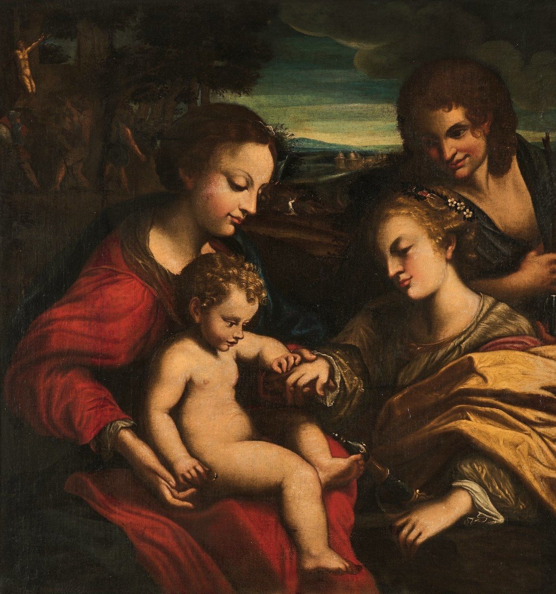 17th Century Artwork: Mystical Marriage Of Saint Catherine Oil On Canvas-photo-2