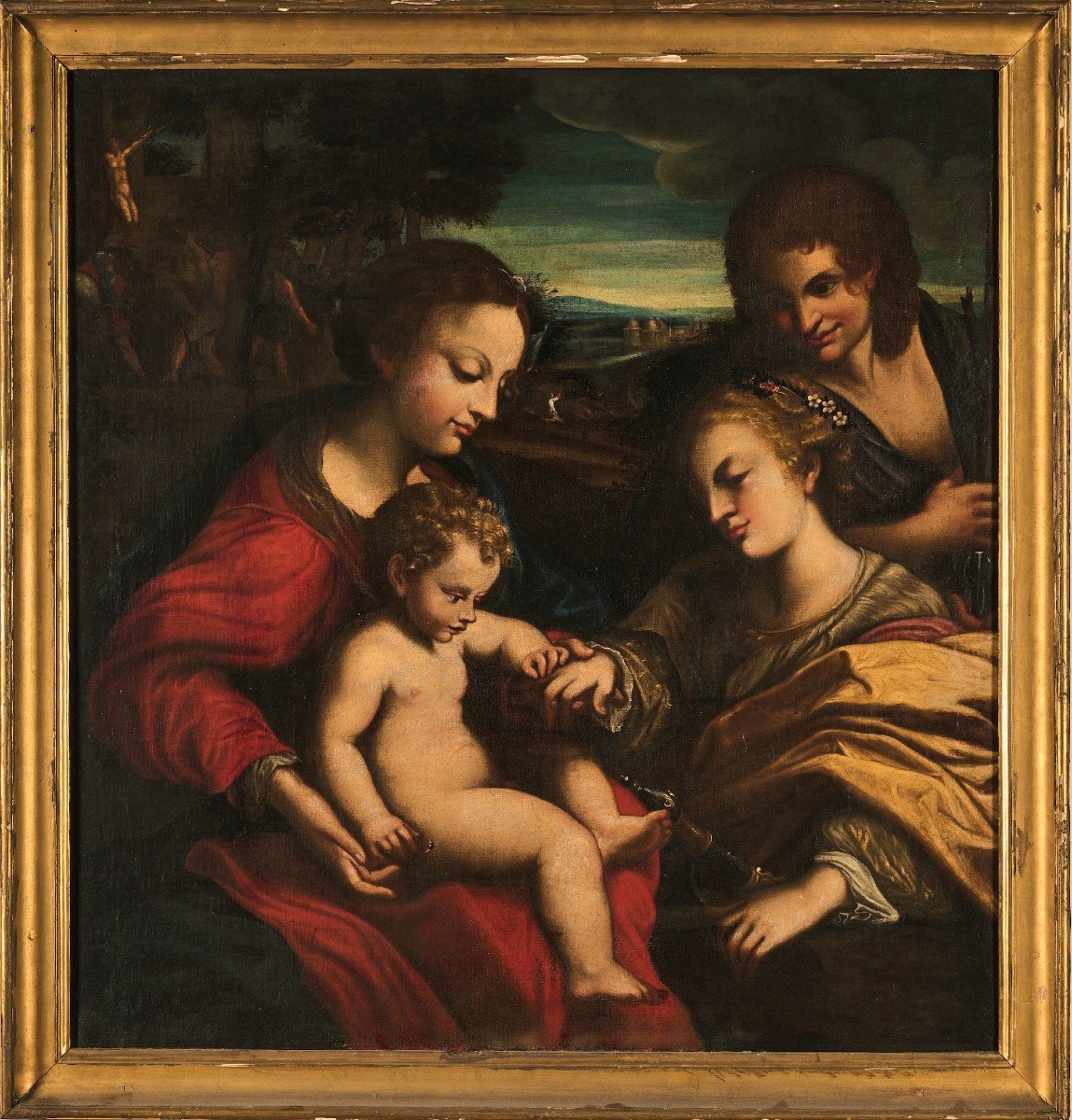 17th Century Artwork: Mystical Marriage Of Saint Catherine Oil On Canvas-photo-3