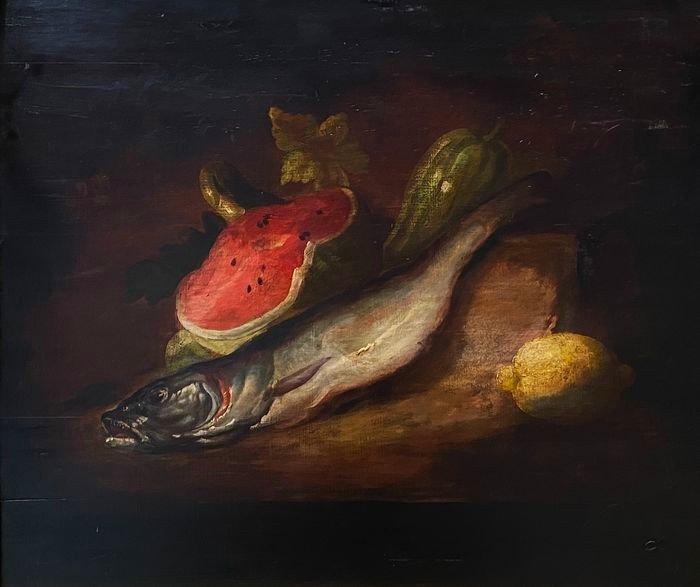 Oil On Wood 19th Century Still Life With Watermelon, Hake And Lemon-photo-2