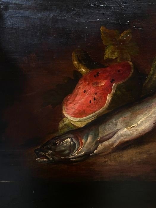 Oil On Wood 19th Century Still Life With Watermelon, Hake And Lemon-photo-3