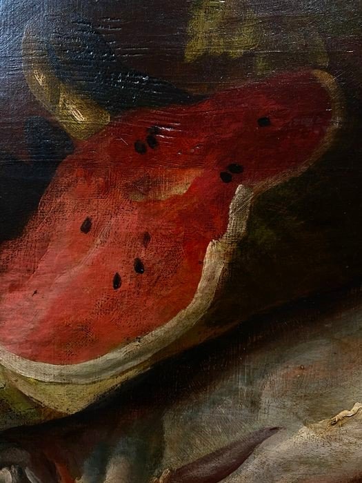 Oil On Wood 19th Century Still Life With Watermelon, Hake And Lemon-photo-4