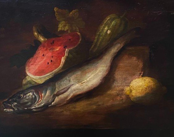 Oil On Wood 19th Century Still Life With Watermelon, Hake And Lemon-photo-1