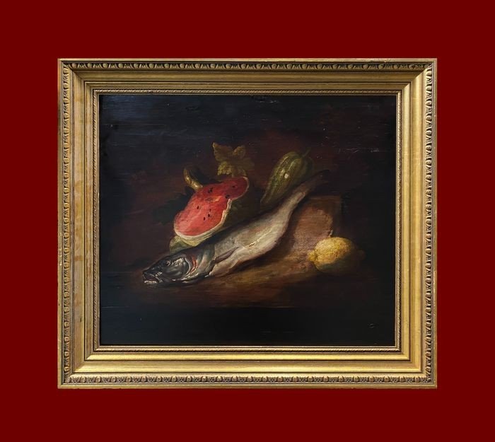 Oil On Wood 19th Century Still Life With Watermelon, Hake And Lemon-photo-3