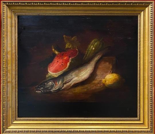 Oil On Wood 19th Century Still Life With Watermelon, Hake And Lemon