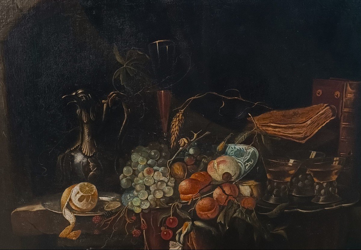 Huile Sur Toile Flamande Du XIXe Siècle : Nature Morte Aux Fruits-photo-2