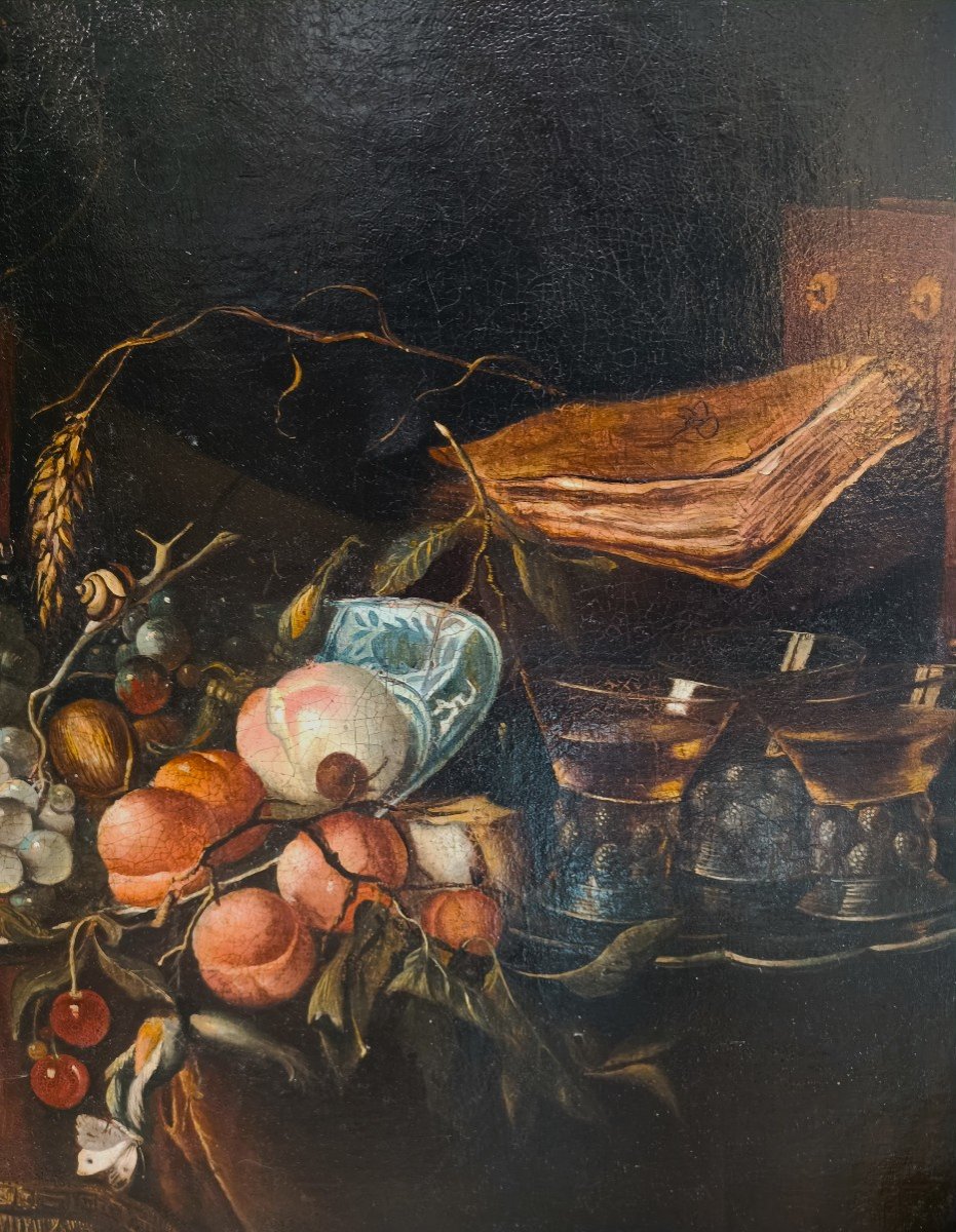 Huile Sur Toile Flamande Du XIXe Siècle : Nature Morte Aux Fruits-photo-4