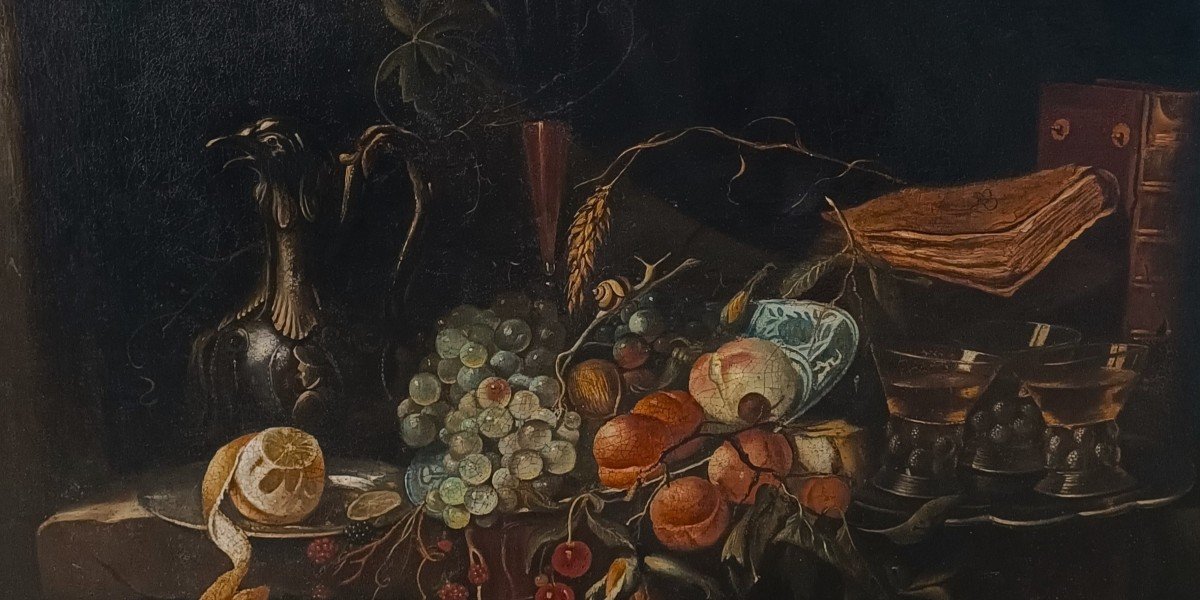 Huile Sur Toile Flamande Du XIXe Siècle : Nature Morte Aux Fruits-photo-2