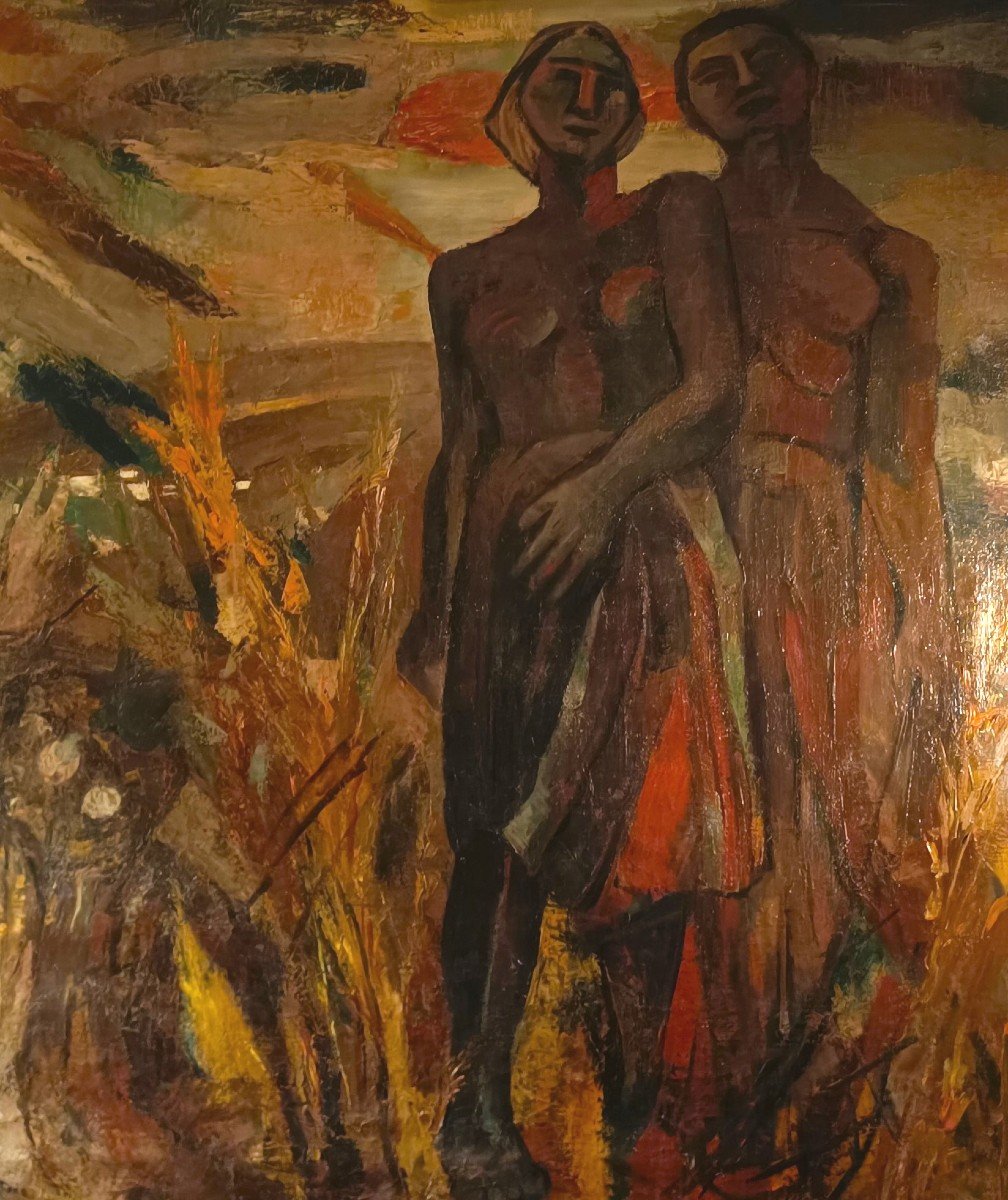 Oil On Canvas Expressionist Masterpiece From 1930: Man And Woman From Colonial Fields-photo-3