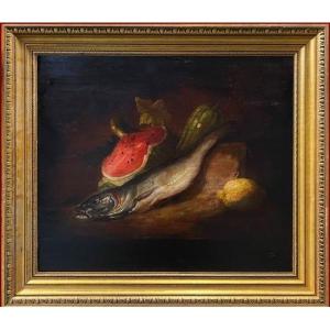 Special Price! Oil On Wood 19th Century Still Life With Watermelon, Hake And Lemon