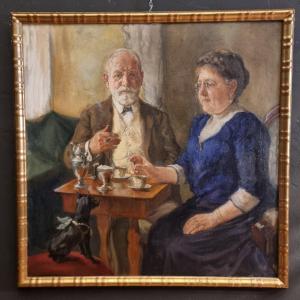 Huile Sur Toile 1900 : Pause Café Avec Le Pinscher Un Moment De Douceur 