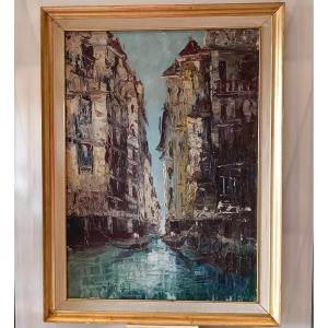 Oil On Canvas "venetian Scene With Gondola From 1960" Signed