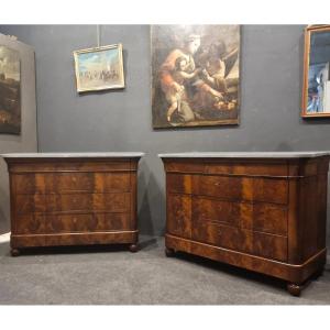 Pair Of Lombard Commodes In Walnut Veneer Carlo X