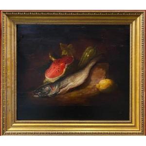 Oil On Wood 19th Century Still Life With Watermelon, Hake And Lemon