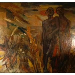 Oil On Canvas Expressionist Masterpiece From 1930: Man And Woman From Colonial Fields