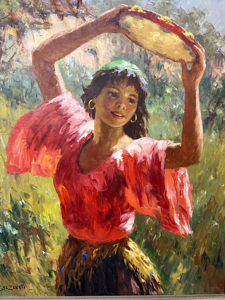 André Galzenati: Oil On Canvas Of A Young Girl Playing The Tambourine-photo-2