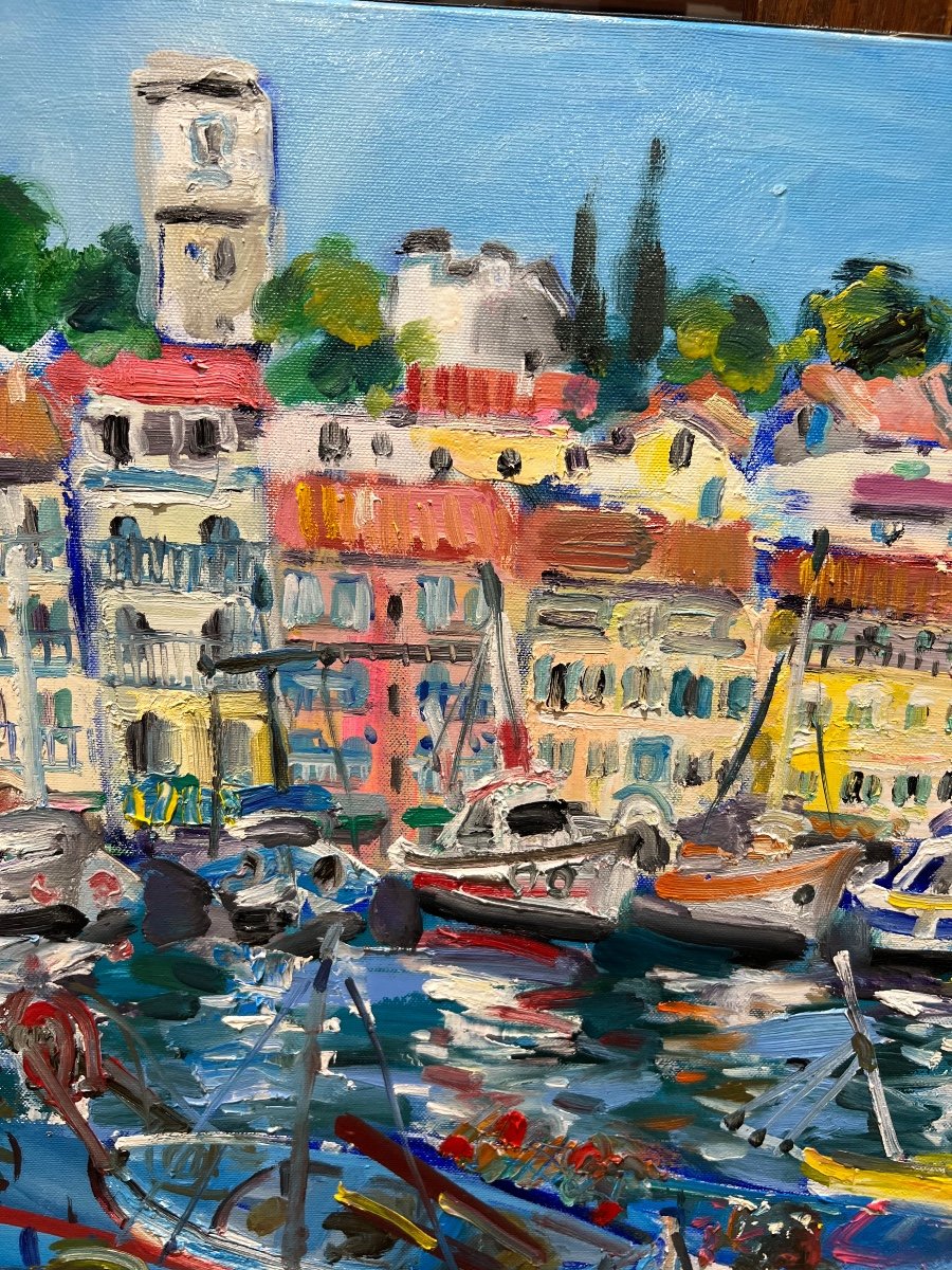 The Old Port Of Cannes And Its Pointus: Oil On Canvas By Yvon Grac-photo-2