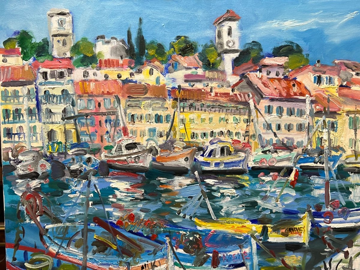 The Old Port Of Cannes And Its Pointus: Oil On Canvas By Yvon Grac