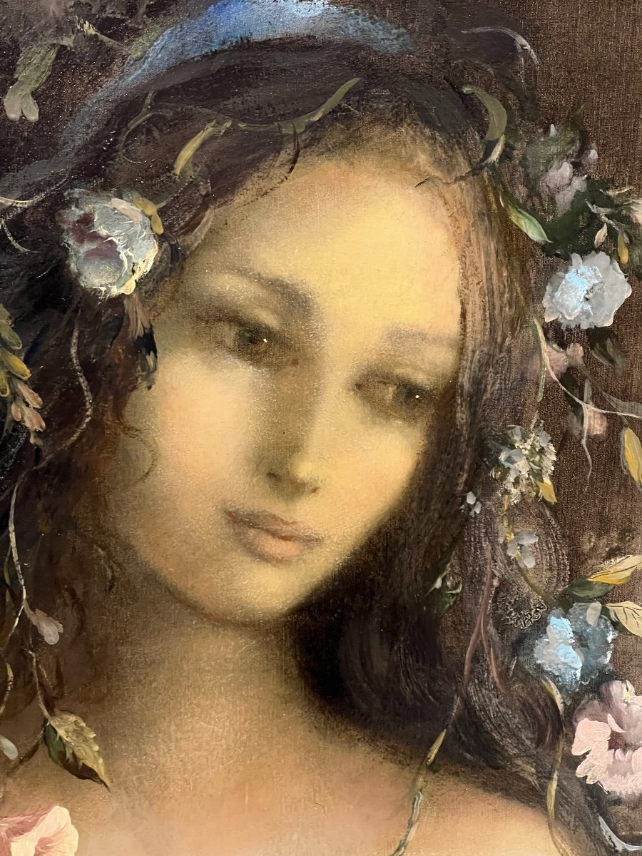 Young Girl .with A Garland Of Flowers, By Guy Cambier-photo-3