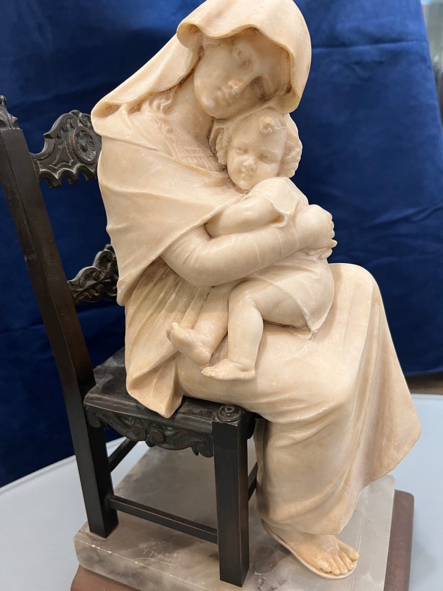 Giuseppe Gambogi: “mother Holding Her Child”, Alabaster Sculpture-photo-3