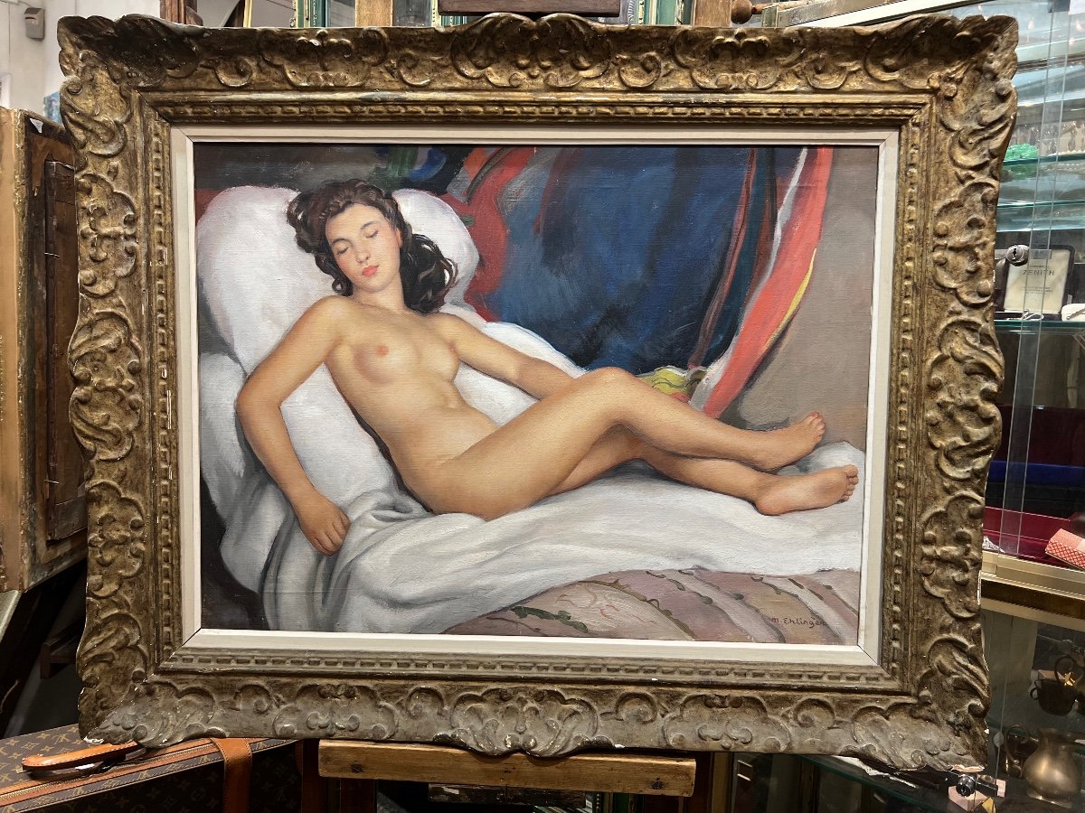 Relaxation, Large Nude Painted By Maurice Ambroise Ehlinger (1896-1981)-photo-2