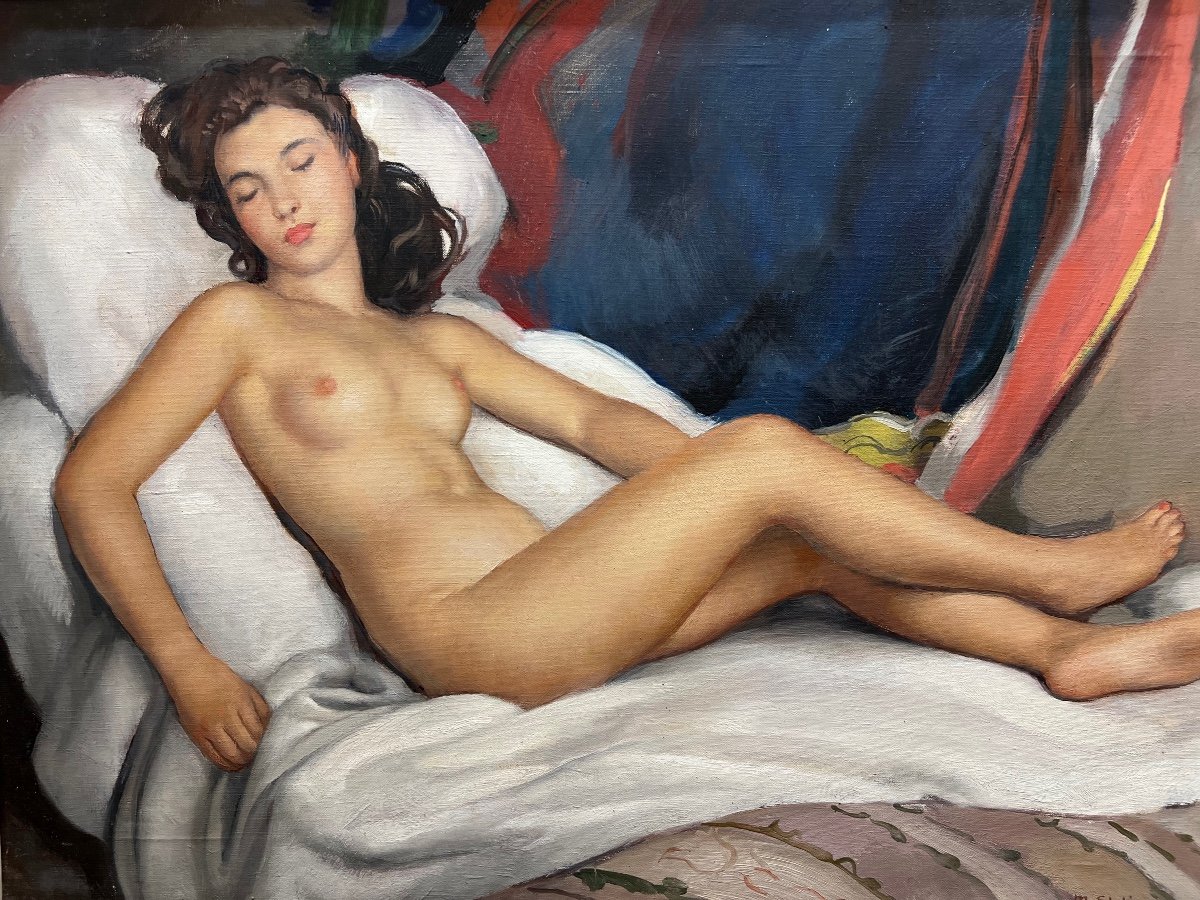 Relaxation, Large Nude Painted By Maurice Ambroise Ehlinger (1896-1981)