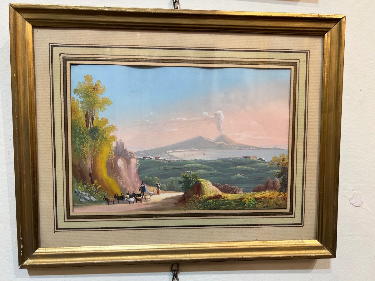 Pair Of Neapolitan Gouaches - Eruption Of Vesuvius - 19th Century -photo-2