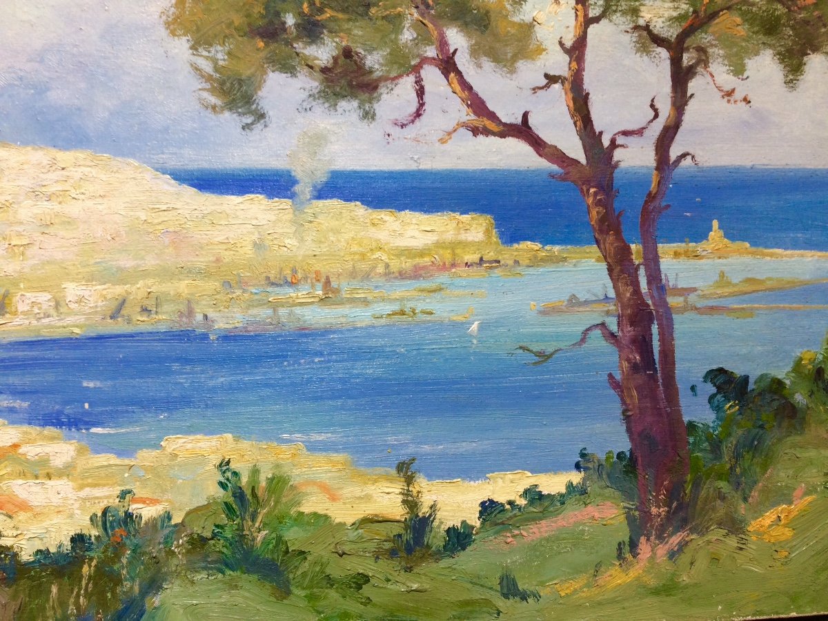 Paul Fenasse, Orientalist Painter: The Bay Of Algiers, Oil On Canvas 40 X 100 Cm-photo-2