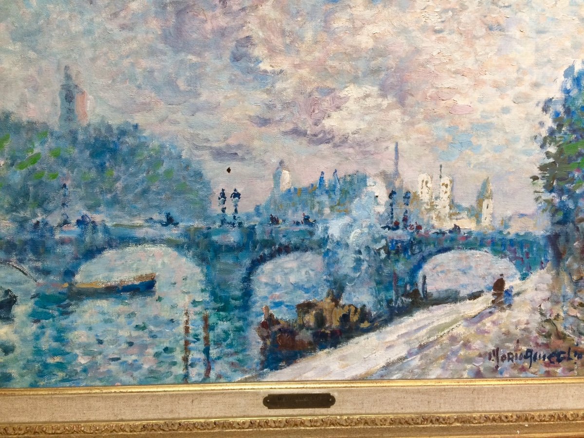 Paris,la Seine Et Notre Dame : Merio Ameglio , Huile Sur Toile Impressionniste -photo-2