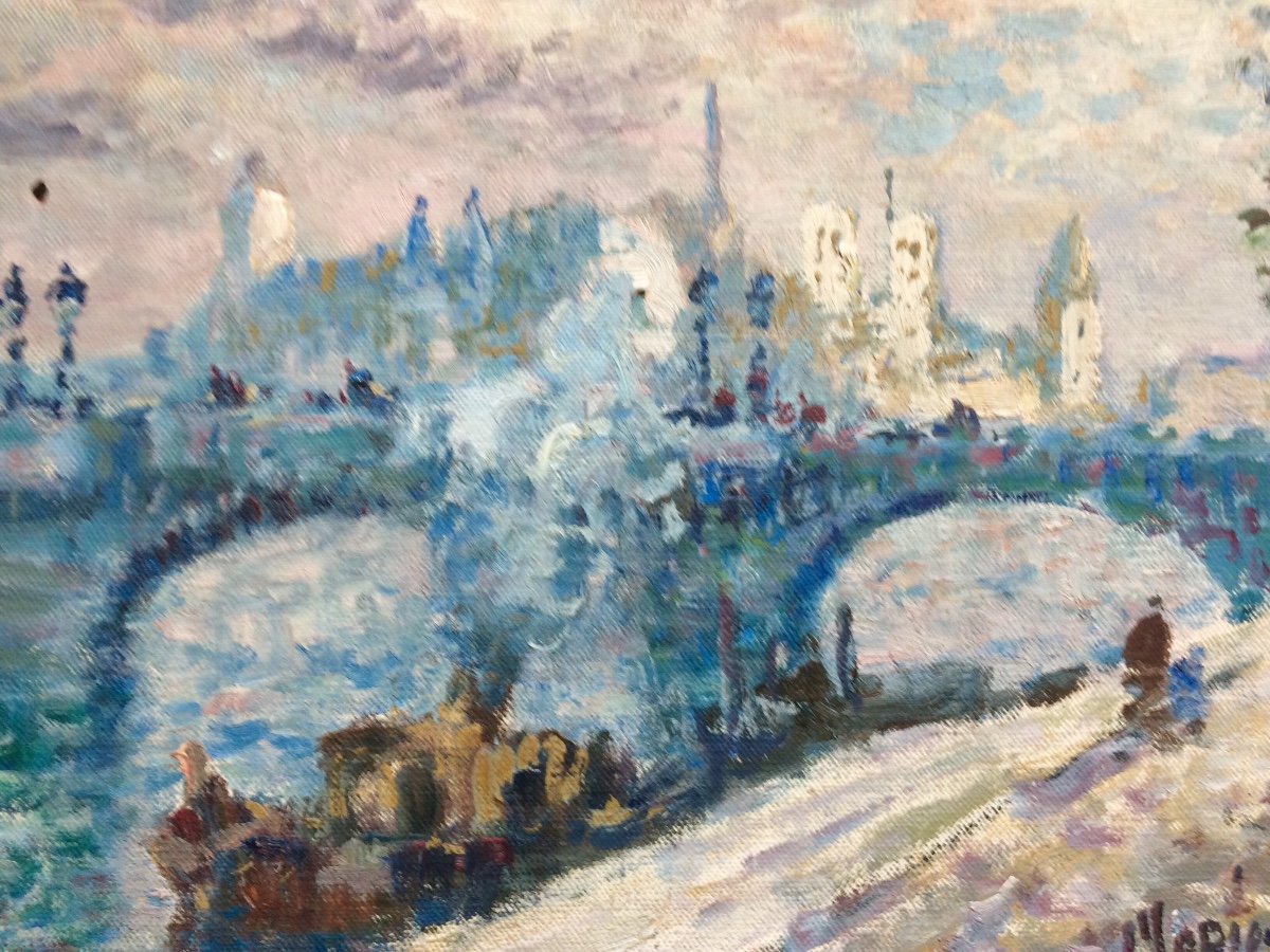 Paris,la Seine Et Notre Dame : Merio Ameglio , Huile Sur Toile Impressionniste -photo-3