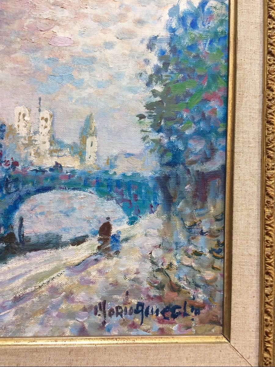 Paris,la Seine Et Notre Dame : Merio Ameglio , Huile Sur Toile Impressionniste -photo-1