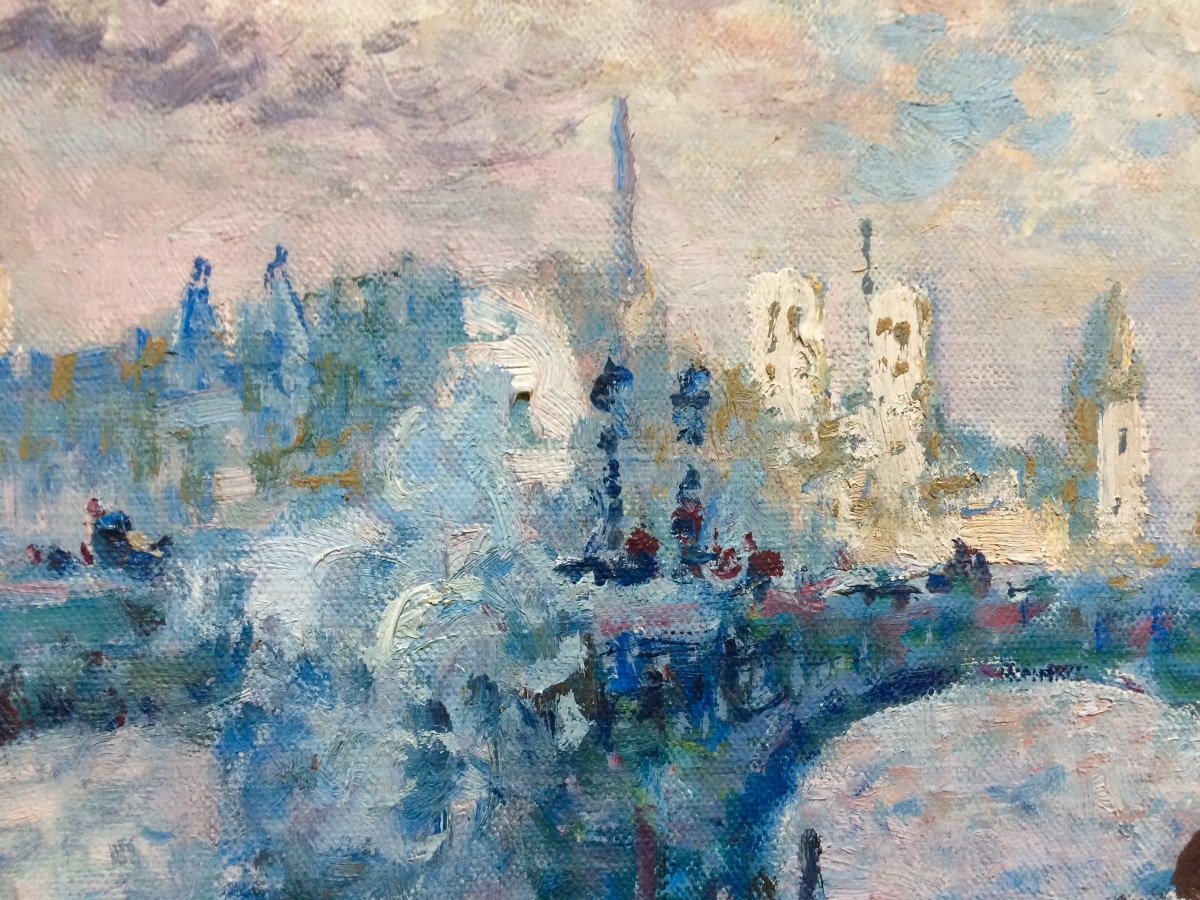 Paris,la Seine Et Notre Dame : Merio Ameglio , Huile Sur Toile Impressionniste -photo-4