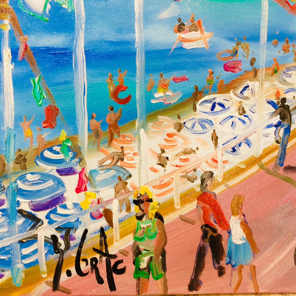  La Promenade Des Anglais Animée  par  Yvon Grac. Huile Sur Toile 50 X 61 cm-photo-2