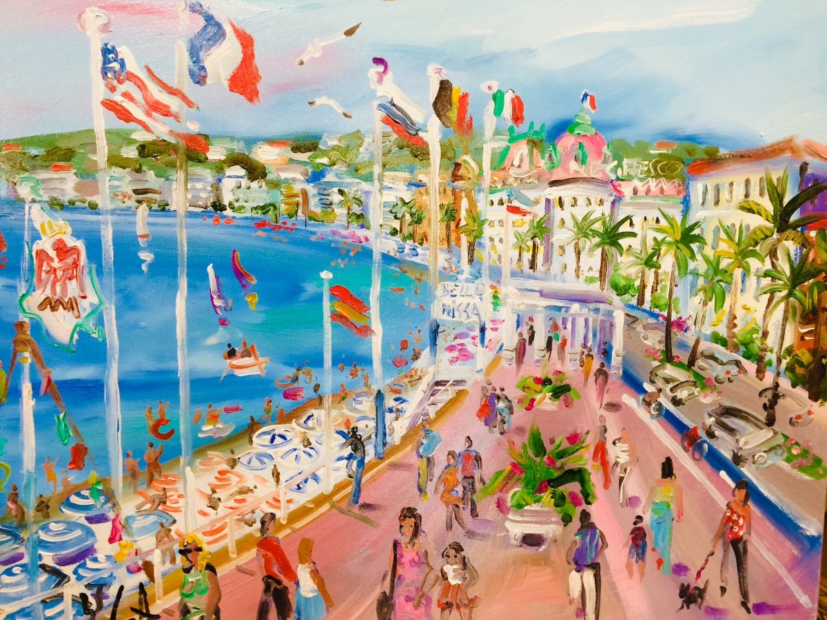  La Promenade Des Anglais Animée  par  Yvon Grac. Huile Sur Toile 50 X 61 cm