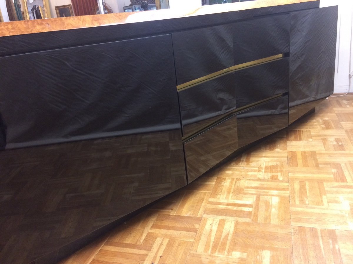 Jean Claude Mahey: Large Sideboard In Black Lacquer, Magnifying Glass And Golden Brass Chopsticks, 1970s-photo-2