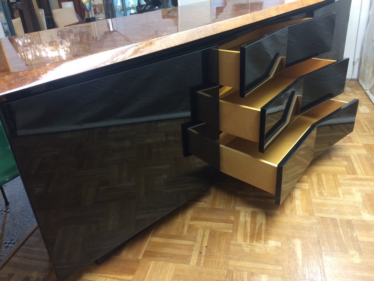 Jean Claude Mahey: Large Sideboard In Black Lacquer, Magnifying Glass And Golden Brass Chopsticks, 1970s-photo-3