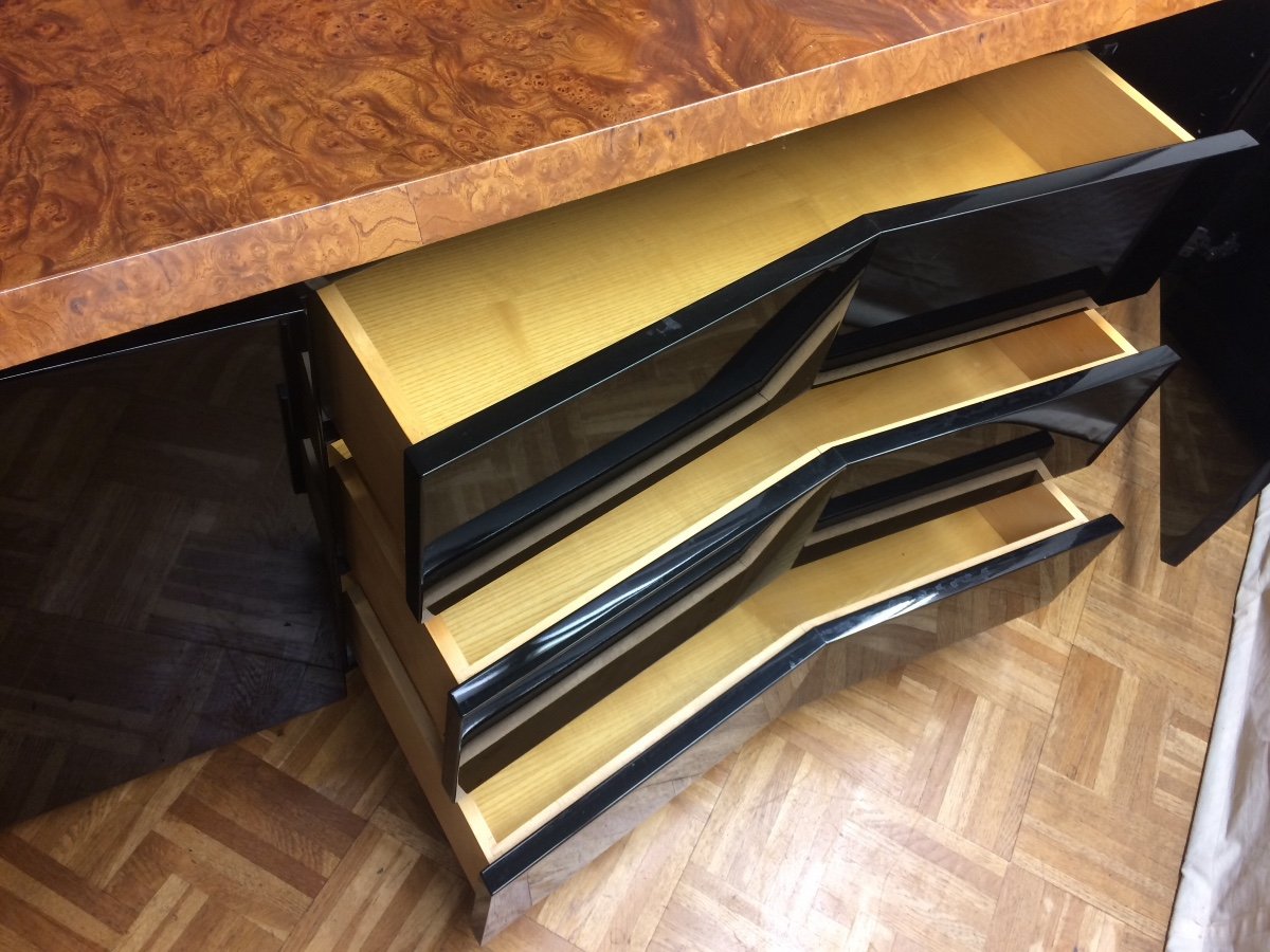 Jean Claude Mahey: Large Sideboard In Black Lacquer, Magnifying Glass And Golden Brass Chopsticks, 1970s-photo-4