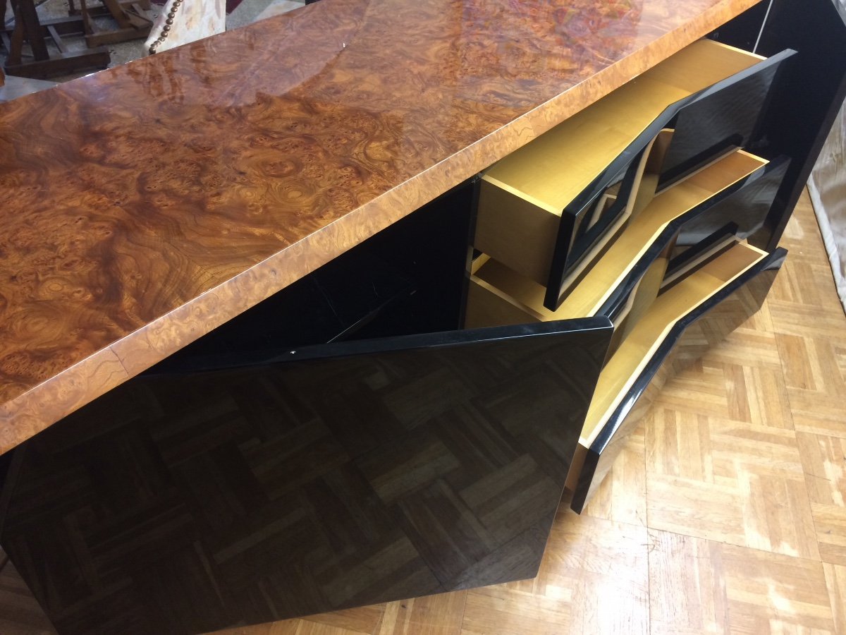 Jean Claude Mahey: Large Sideboard In Black Lacquer, Magnifying Glass And Golden Brass Chopsticks, 1970s-photo-2