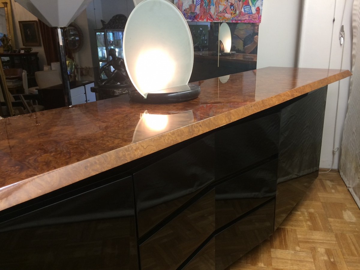 Jean Claude Mahey: Large Sideboard In Black Lacquer, Magnifying Glass And Golden Brass Chopsticks, 1970s-photo-5