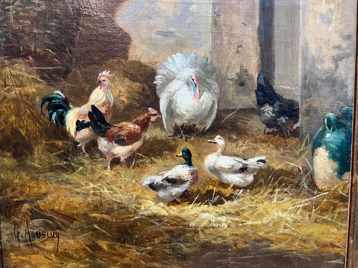 G.angelvy: The Chicken Coop, Oil On Canvas 19th-photo-4