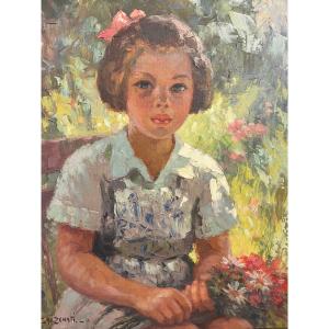 Portrait De Fillette Dans Le Jardin : Peinture Impressionniste De Galzenati 